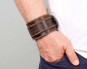 S542 Brown Vintage Floral Studded Leather Bracelet – Men's Biker Cuff, Adjustable