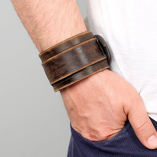 Brown leather cuff, Large buckle leather bracelet, Men cuff, Leather wristband gift, Personalised Men leather bracelet, Brown leather