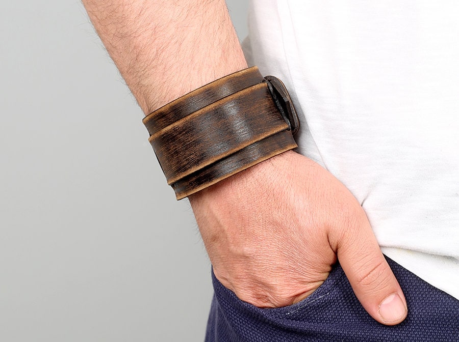 Men's Wide Leather Belt Strap Buckle Adjustable Cuff Bangle Wristband  Bracelet