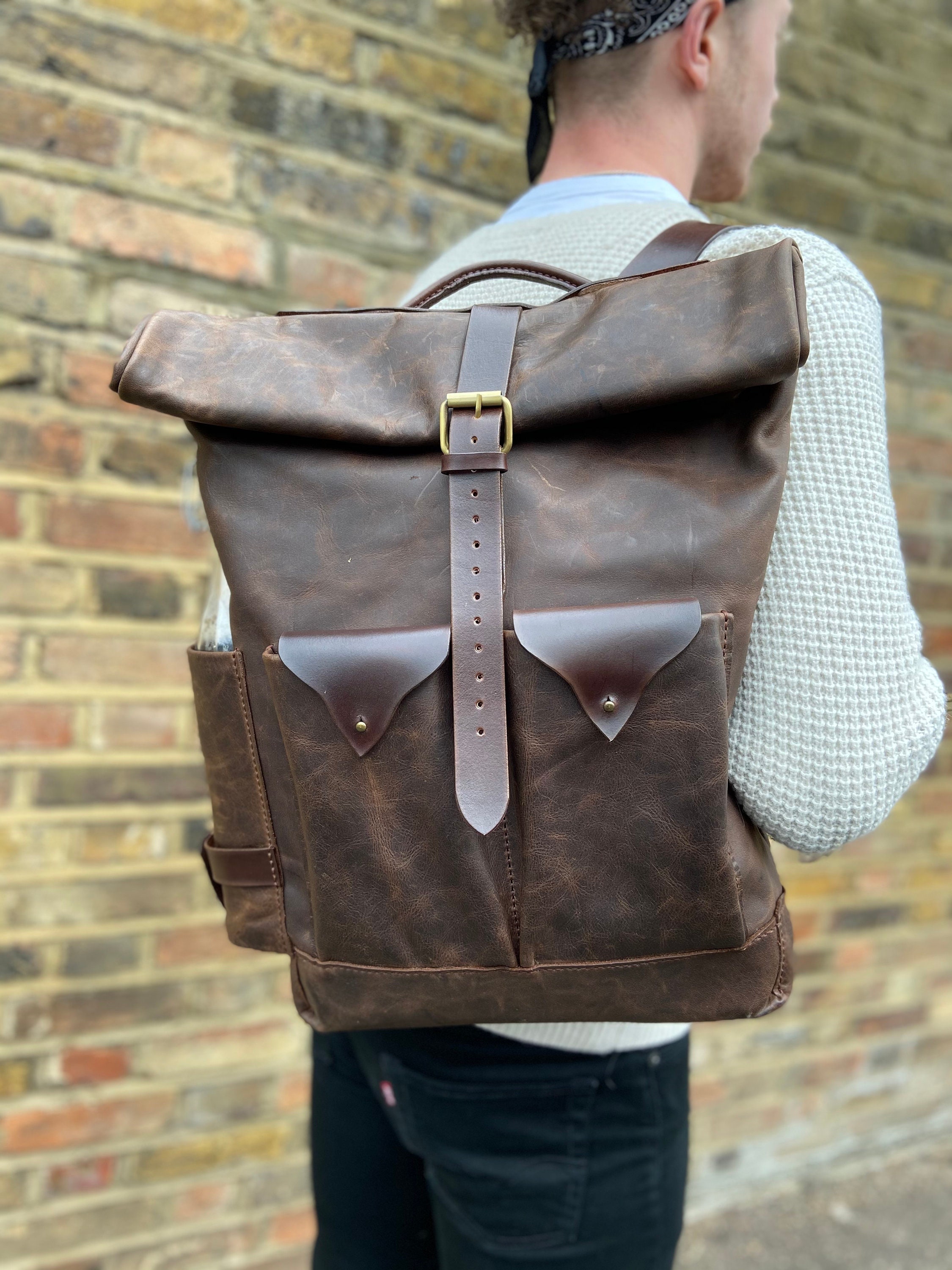 Leather Backpack Handmade Leather Rolltop Backpack NEW WITHOUT TAG Leather Roll Top Backpack – Unique Leather Bags main image 3