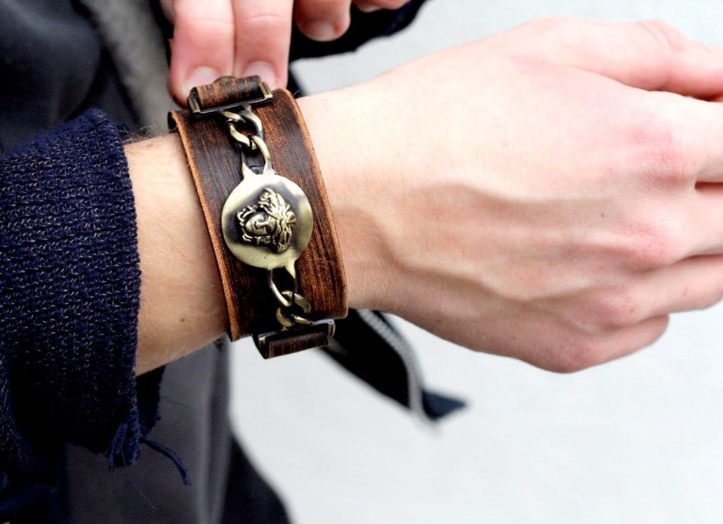 Personalized Distressed Leather Bracelet, Medusa Detail, Adjustable Strap