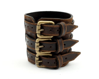 Dreifach Riemen Ledermanschette, Herren Lederarmband mit Schnallen, Braune Leder Manschette, Herren Armband, Herren Geschenk, Braunes Lederarmband