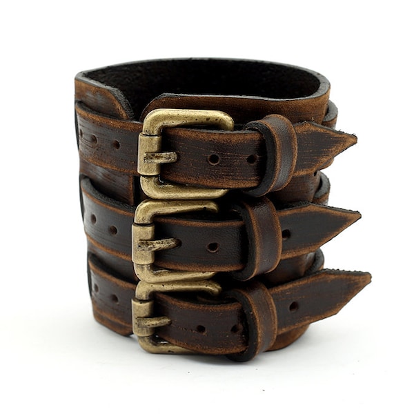 Triple strap leather cuff, Mens leather bracelet with buckles, Brown leather cuff, Men's bracelet, Mens gift, Brown leather bracelet