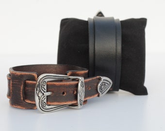 Handmade Veg Tan Leather Bracelet, Western Buckle Cuff, Gift for Men