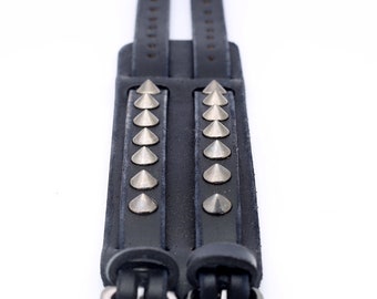 『HER LEATHER BRACE BLACK』 Skeleteen Punk Leather Stud Bracelet - Leather Cuff Biker