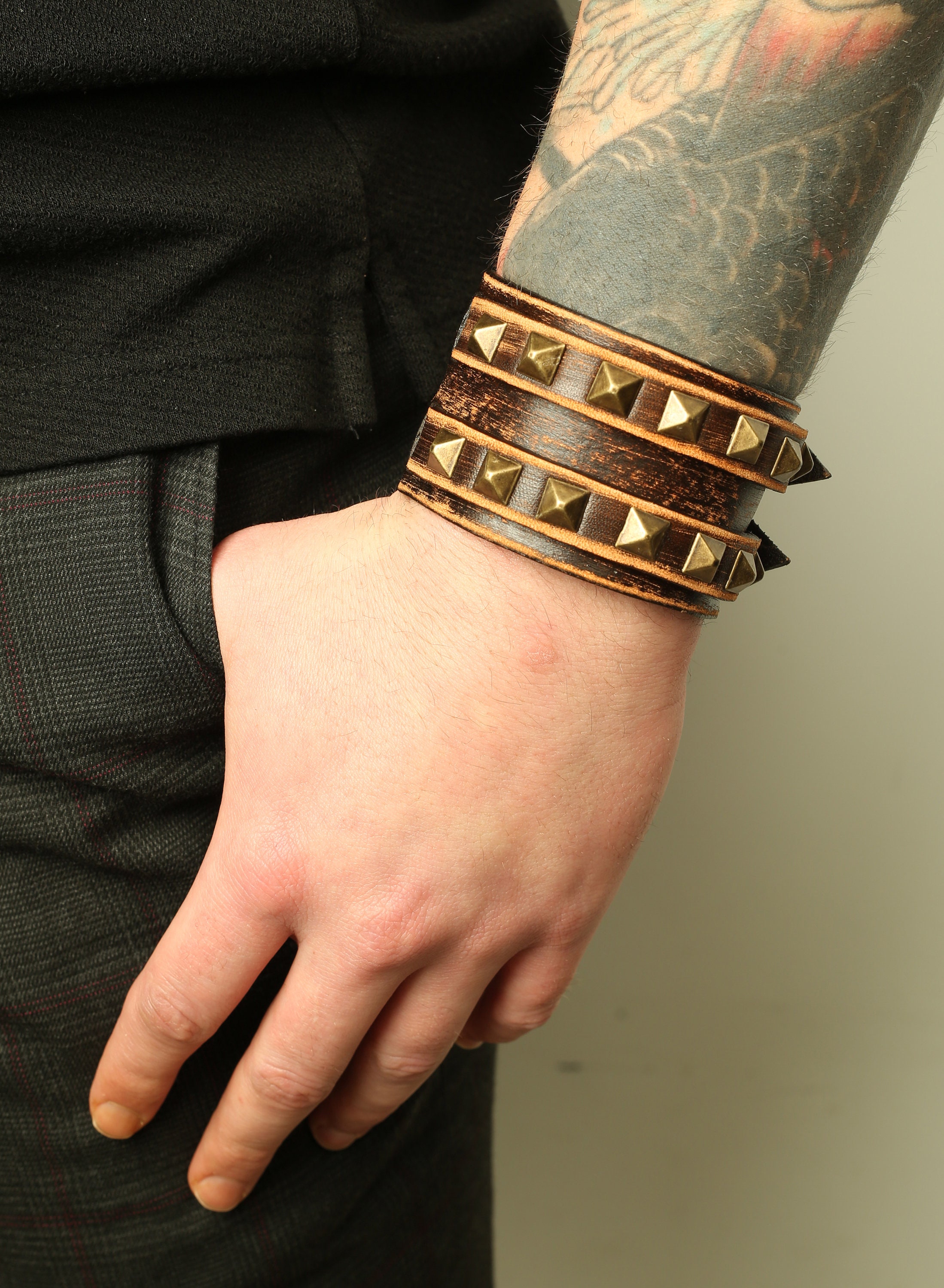 Studded Black Leather Bracelet, Handmade Veg Tanned Cuff - Etsy