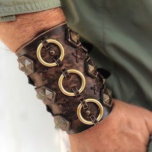 Men's Double Layer Genuine Leather Cuff Bracelet - Wide Black Bangle Wristband With Buckle Clasp