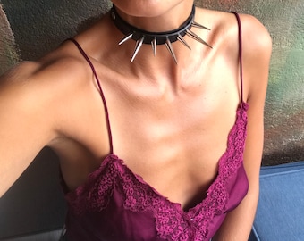 Leather choker with spikes, Black leather choker necklace, Women necklace, Statement necklace, Women gift, Black leather, Leather gift