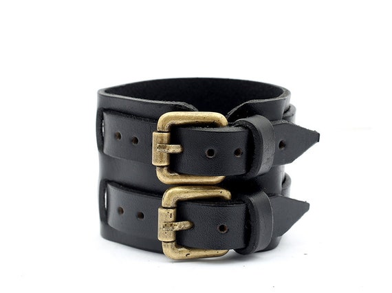 Handmade Black Veg Tan Leather Cuff, Double Strap Bracelet
