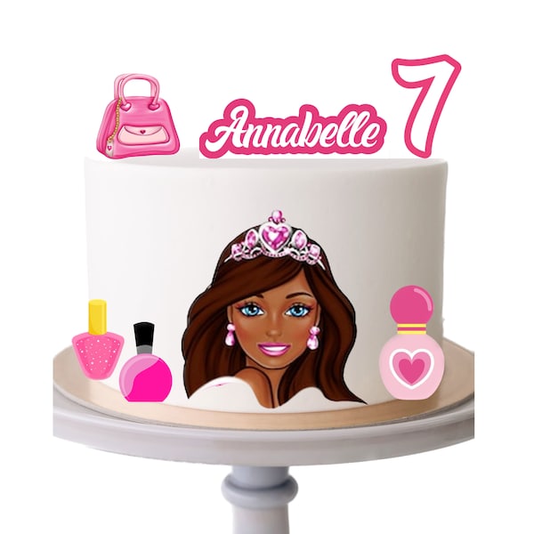 Personalized African American pink doll edible images for cake, UNCUT, icing sheet, birthday girl, cake topper image.