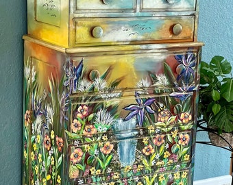 Hand Painted Antique Dresser, Floral Dresser, Colorful Dresser, Bedroom Furniture, 7 Drawer Dresser