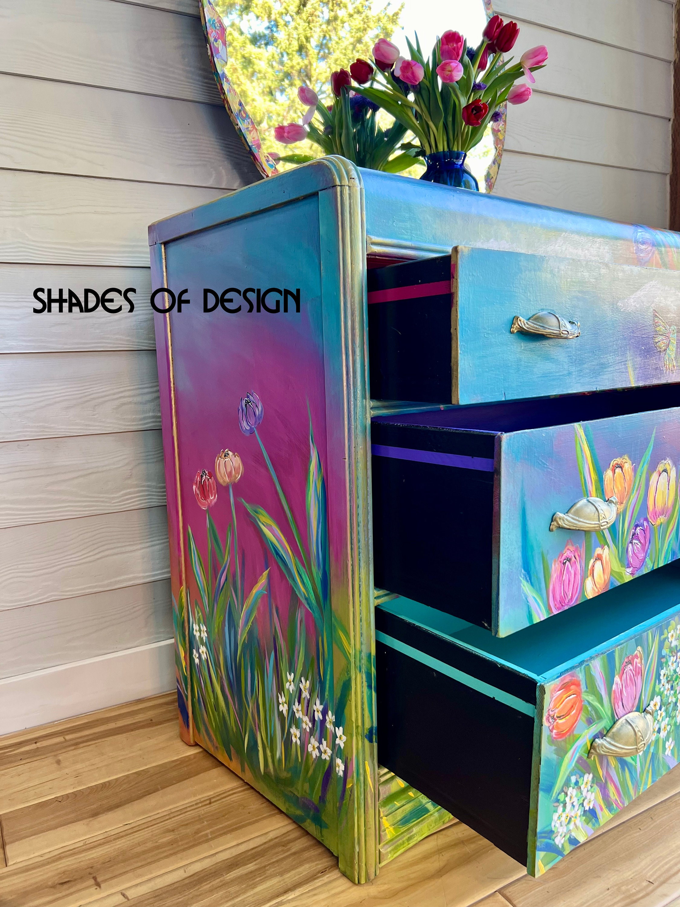 Floral Painted Waterfall Dresser: Antique Mirrored Tulip Design - Etsy
