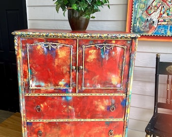 Crimson Reverie – Hand-Painted Vintage Statement Cabinet