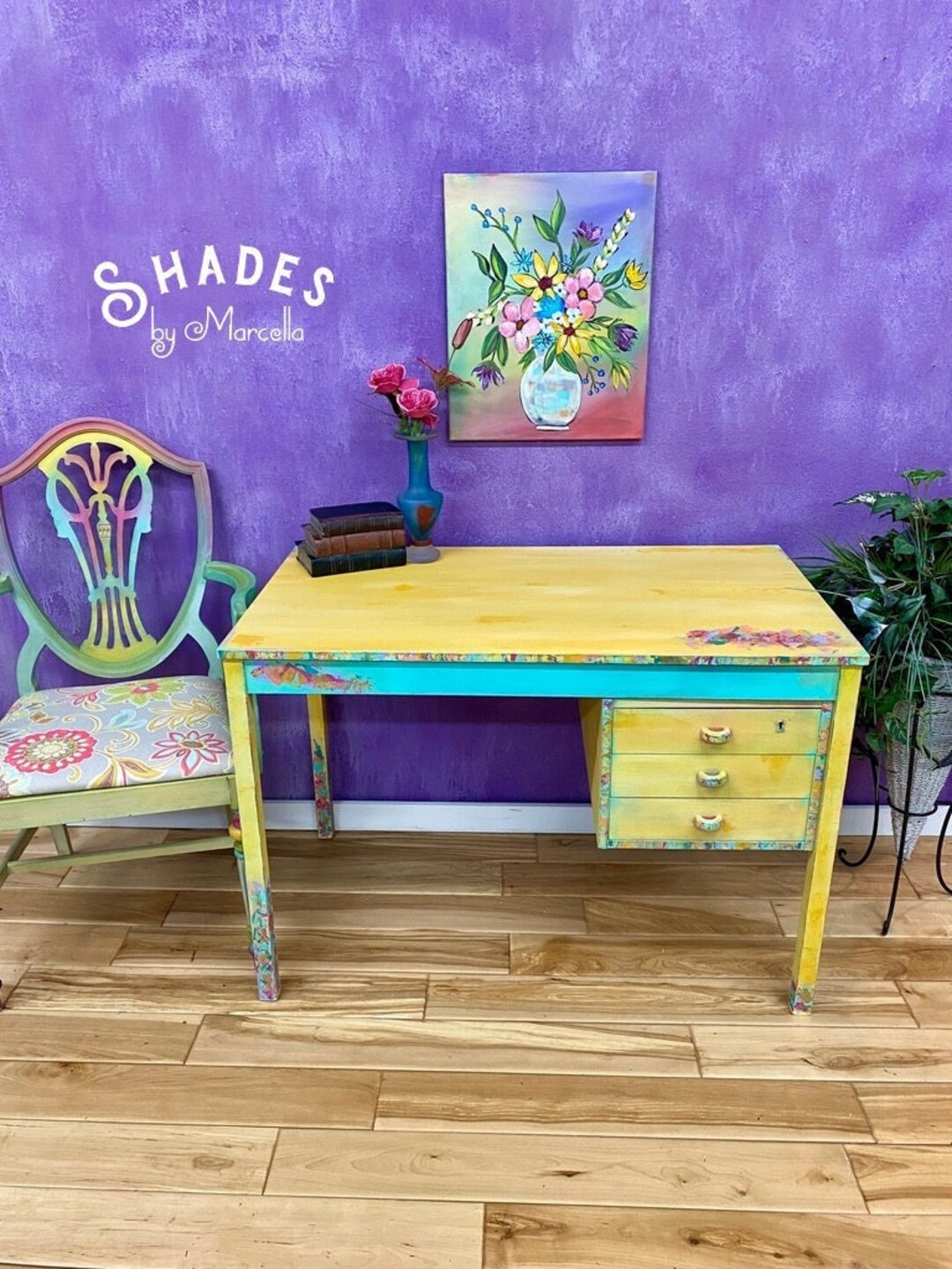 SALE Boho Desk, Locking Desk, Yellow Desk, Multicolored Desk, Home