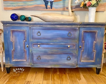 SALE! Blue Boho Buffet, Sideboard, Antique, Dining Room Furniture, Chalk Paint, Gold, Black, Shades of Design, Oregon Artist