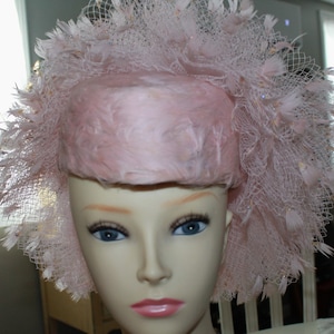 Vintage Jack McConnell New York Designer Tagged Pink Feathers Netting and Rhinestones Hat RARE Pretty in Pink