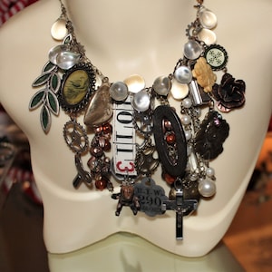 Ooak Steampunk Chunky Handmade Loaded Charm Necklace Cross Gears Baby lock rose