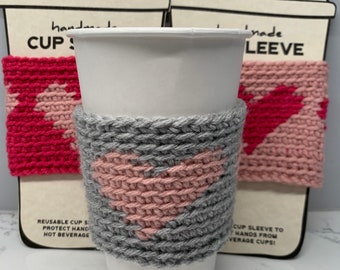 Crochet Cup Sleeve Cozy Heart Valentines reusable