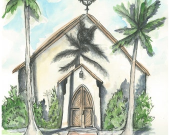 Lahaina Maui |  Watercolor Print | Holy Innocents Episcopal Church | Hawaii | Fine Art | Wall Art