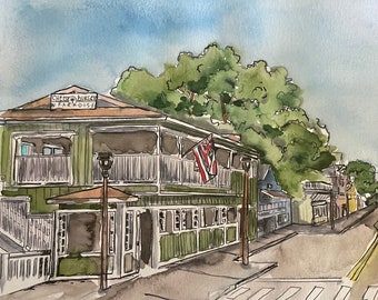 Lahaina Watercolor Print | Cheeseburger in Paradise | Front Street | Maui, Hawaii | Wall Art | HI | Aloha