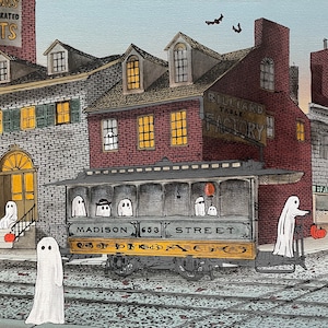 Geisterstadt, Halloween, Upcycled Druck, Acrylbild, Stadt, Gruselig