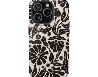 Monochrome Floral Pattern Impact-Resistant Case | Black White Botanical Phone Cover