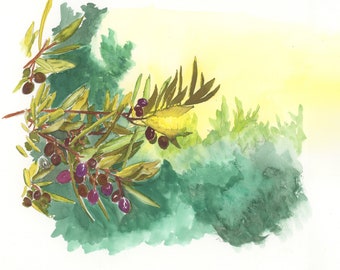Olive Tree Sunset Watercolor Print | Mediterranean Wall Art (11x14)