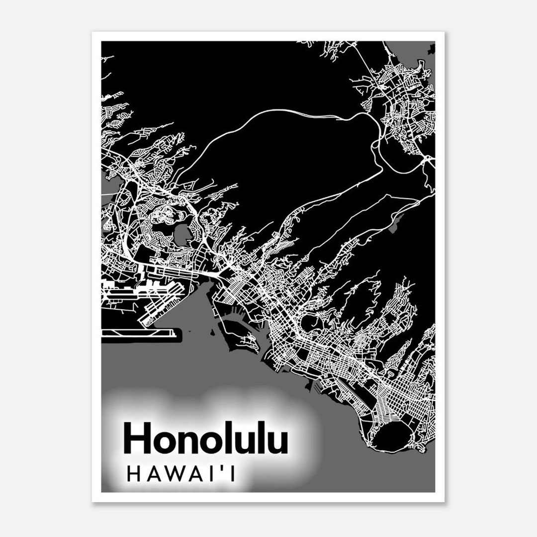 Streets of Honolulu Map Dark Theme Wall Art Fine Art Maps Hawaii