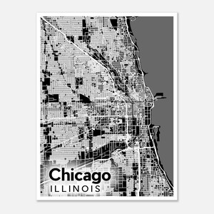 Art mural Chicago | Poster carte - Thème sombre | Cadeau d'art mural | Beaux-arts | Cartes | Illinois | Cadeau | Moderne | Minimaliste