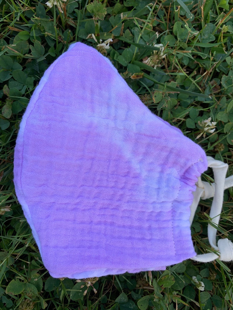 100% Sustainable Cotton Washable Face Mask with Bamboo Ear Ties, Reusable Face Mask, Double Layer Cotton, Made in USA, Fast Shipping Tie dye pale violet