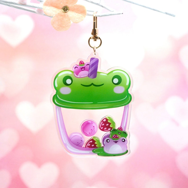 Cute Strawberry Frog Boba Shaker Key Charm / Kawaii Key Accessories / Acrylic Frog Charm