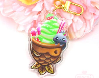 Cute Bunny Acrylic Charm  - Matcha Taiyaki Ice Cream Keychain - Cute Acrylic Charm Keychain - Kawaii Dessert Charm - Bunny Glitter Charm