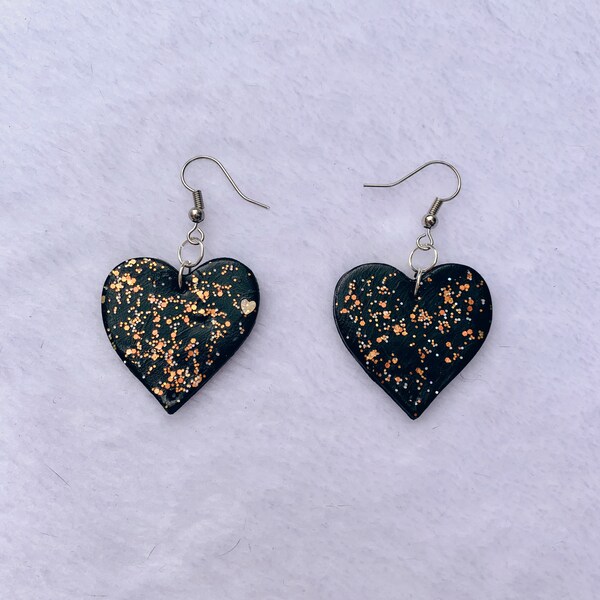 Black Glitter Heart Earrings