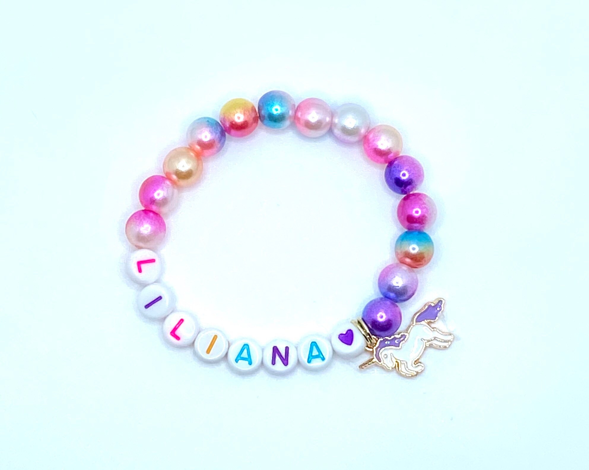 Kid's Custom Name Bead Bracelet, Unicorn Charm Bracelet, Little G…