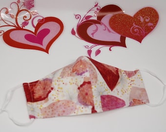 Valentine Face Mask, Hearts Face Mask, Handmade, Washable, Reusable, 3ply with Filter Pocket. 100% Cotton