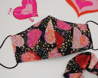 Valentine Face Mask, Red and Pink Hearts Face Mask, Handmade, Washable, Reusable, 3ply with Filter Pocket. 100% Cotton