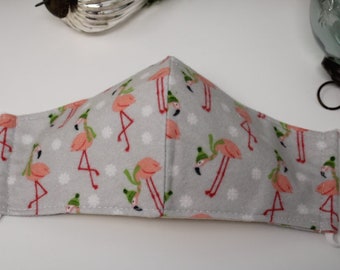 Pink Flamingo mask, Xmas face mask, Washable, Reusable, 3ply with Filter Pocket. 100% Cotton
