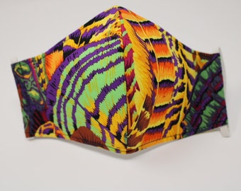 Feather face mask, Colorful face mask, Washable, Reusable, 3ply with Filter Pocket, 100% Cotton