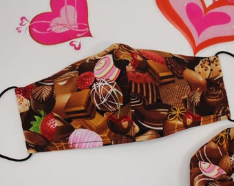 Chocolate Face Mask, Chocolate Scrunchie, Handmade, Washable, Reusable, 3ply with Filter Pocket. 100% Cotton