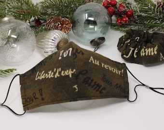 French  script mask, Washable, Reusable, 3ply with Filter Pocket, 100% Cotton