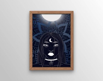 A4 Mond Druck, druckbare Wandkunst, Mandala Wandkunst, kosmischer Druck, digitaler Download Kunst, Tween Girl Geschenke, Kunst Geschenk für Frauen