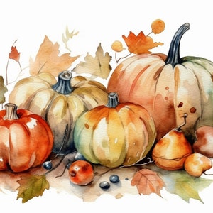 Op de afbeelding: Een aquarel van een groep pompoenen en pompoenen met herfstbladeren. De pompoenen zijn in verschillende tinten oranje, geel en groen. De pompoenen zijn bruin en oranje. De bladeren zijn rood, oranje en geel.