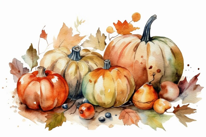 Op de afbeelding: Een aquarel van een groep pompoenen en pompoenen met herfstbladeren. De pompoenen zijn in verschillende tinten oranje, geel en groen. De pompoenen zijn bruin en oranje. De bladeren zijn rood, oranje en geel.
