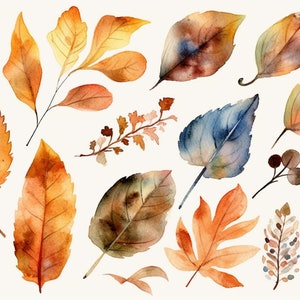 Op de afbeelding: Waterverf schilderij van herfstbladeren in tinten van bruin, oranje, geel en blauw. De bladeren zijn willekeurig gerangschikt op een witte achtergrond.