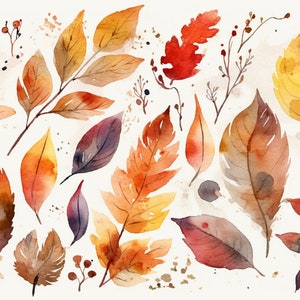 Op de afbeelding: Waterverf schilderij van herfstbladeren in tinten rood, oranje, geel en bruin. De bladeren zijn willekeurig gerangschikt op een witte achtergrond.
