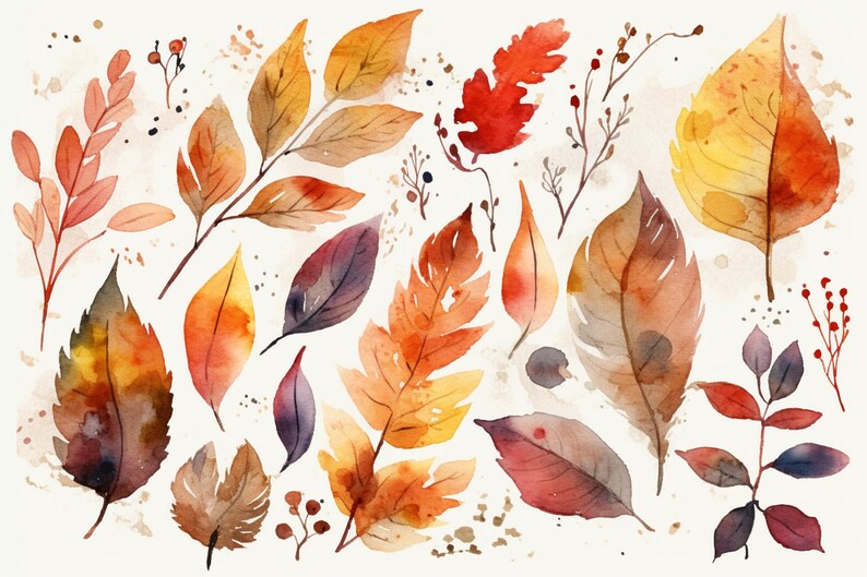 Op de afbeelding: Waterverf schilderij van herfstbladeren in tinten rood, oranje, geel en bruin. De bladeren zijn willekeurig gerangschikt op een witte achtergrond.