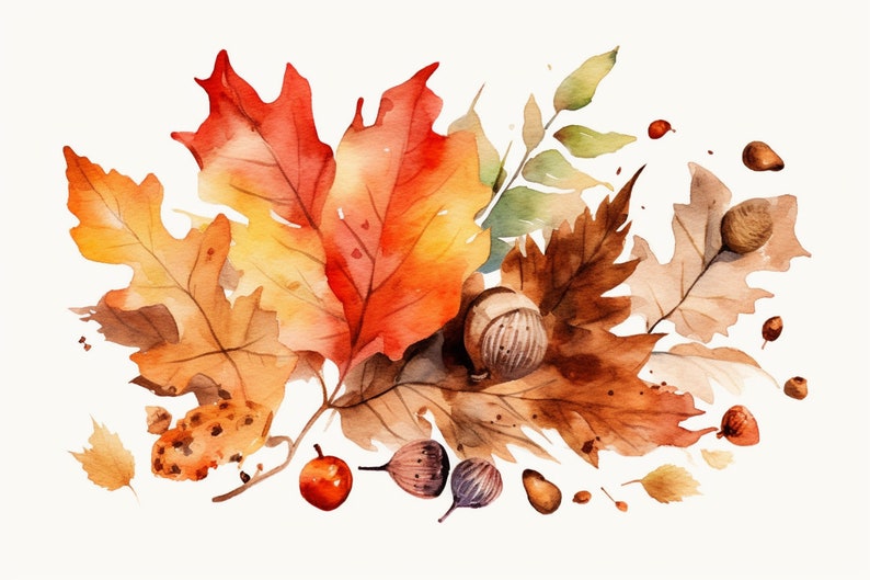 Op de afbeelding: Waterverf schilderij van herfstbladeren in tinten rood, oranje, geel en bruin. De bladeren zijn in een cluster gerangschikt, met wat overlap. Er zijn ook wat eikels en andere kleine details in het schilderij.
