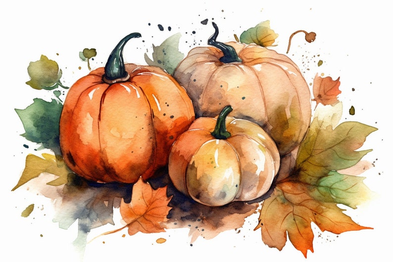 Op de afbeelding: Drie pompoenen in verschillende maten, geschilderd in aquarel, met oranje, gele en bruine tinten. De pompoenen worden omringd door groene en bruine bladeren, wat een herfstachtige sc&egrave;ne cre&euml;ert.