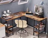 L-Shaped Computer Desk, Corner Desk with Storage, 4 Shelves, Spacious Table Top, Secretary Desk, Mid Century Desk, Gaming Desk, Office Desk