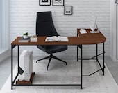 Reversible L-Shaped Desk Modern Corner Computer Desk Home Office Wood Metal, Secretary Desk, Mid Century Desk, Gaming Desk, Office Desk